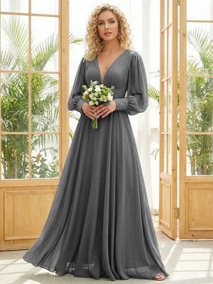 Chiffon V Neck Long Sleeves Pleated Bridesmaid Dresses