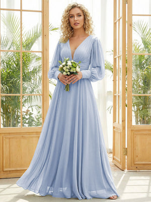 Chiffon V Neck Long Sleeves Pleated Bridesmaid Dresses