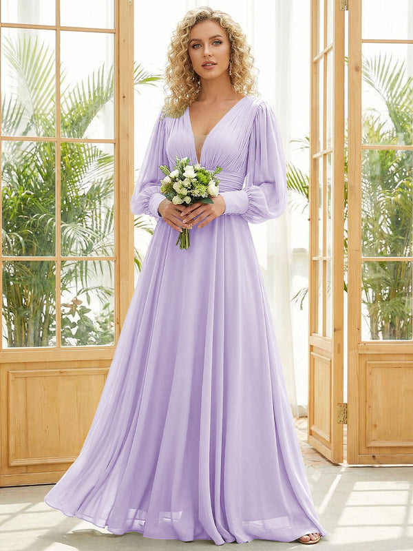 Chiffon V Neck Long Sleeves Pleated Bridesmaid Dresses