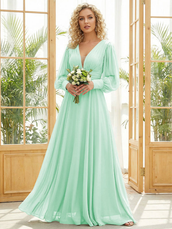 Chiffon V Neck Long Sleeves Pleated Bridesmaid Dresses