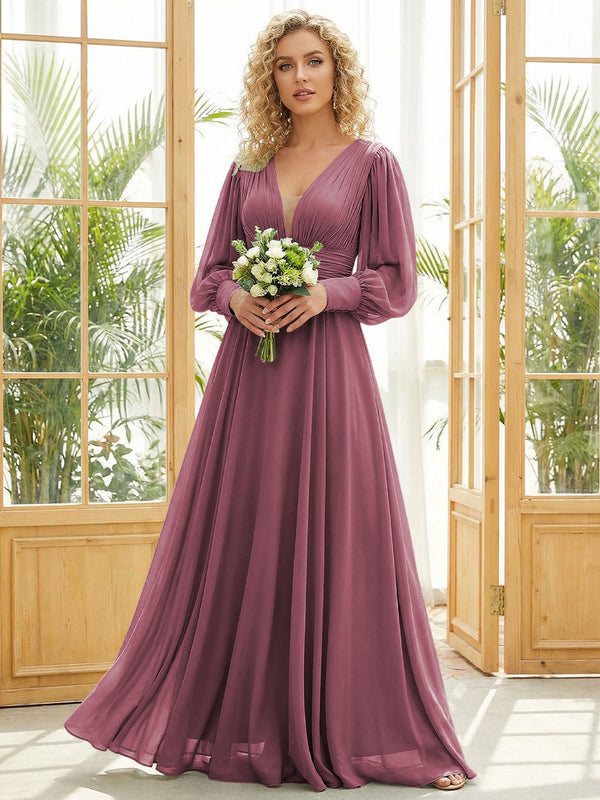 Chiffon V Neck Long Sleeves Pleated Bridesmaid Dresses