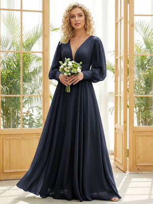 Chiffon V Neck Long Sleeves Pleated Bridesmaid Dresses