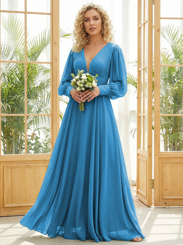 Chiffon V Neck Long Sleeves Pleated Bridesmaid Dresses