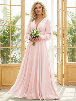 Chiffon V Neck Long Sleeves Pleated Bridesmaid Dresses