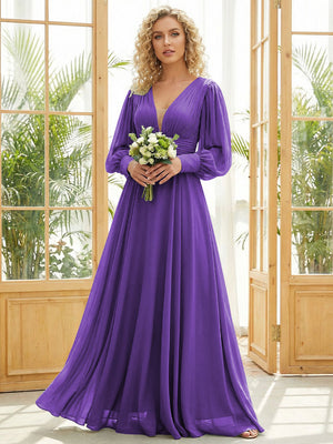 Chiffon V Neck Long Sleeves Pleated Bridesmaid Dresses