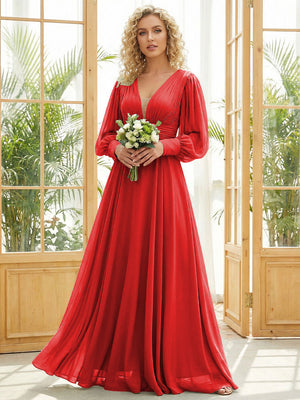 Chiffon V Neck Long Sleeves Pleated Bridesmaid Dresses