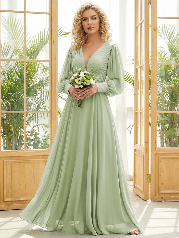 Chiffon V Neck Long Sleeves Pleated Bridesmaid Dresses