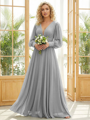 Chiffon V Neck Long Sleeves Pleated Bridesmaid Dresses