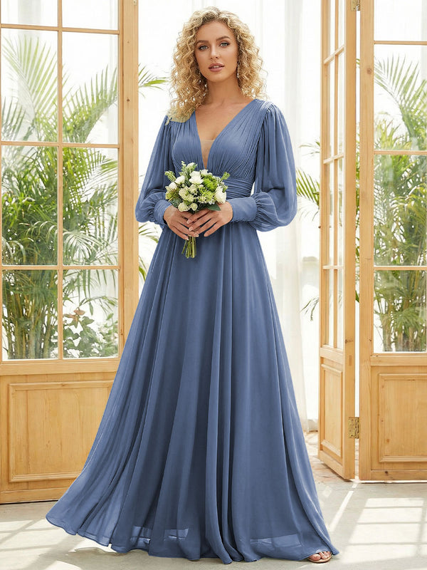 Chiffon V Neck Long Sleeves Pleated Bridesmaid Dresses