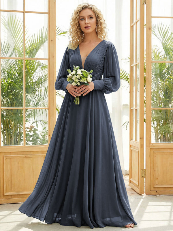 Chiffon V Neck Long Sleeves Pleated Bridesmaid Dresses