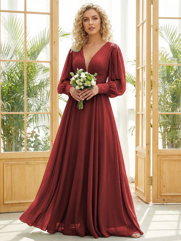 Chiffon V Neck Long Sleeves Pleated Bridesmaid Dresses