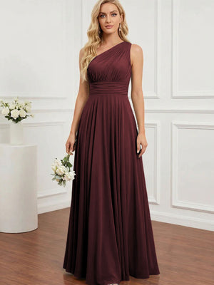 Chiffon One Shoulder Pleated Bridesmaid Dresses with Back Tie