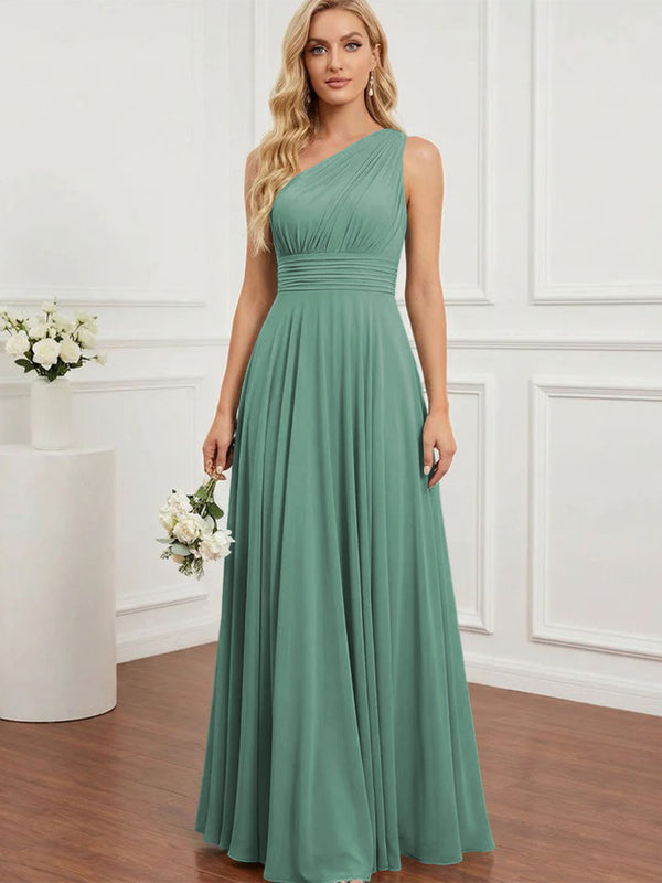 Chiffon One Shoulder Pleated Bridesmaid Dresses with Back Tie
