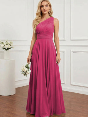 Chiffon One Shoulder Pleated Bridesmaid Dresses with Back Tie