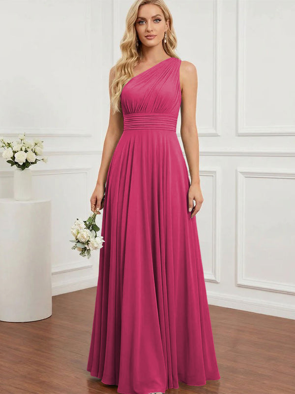 Chiffon One Shoulder Pleated Bridesmaid Dresses with Back Tie