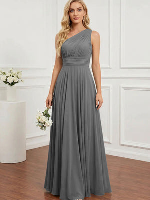 Chiffon One Shoulder Pleated Bridesmaid Dresses with Back Tie