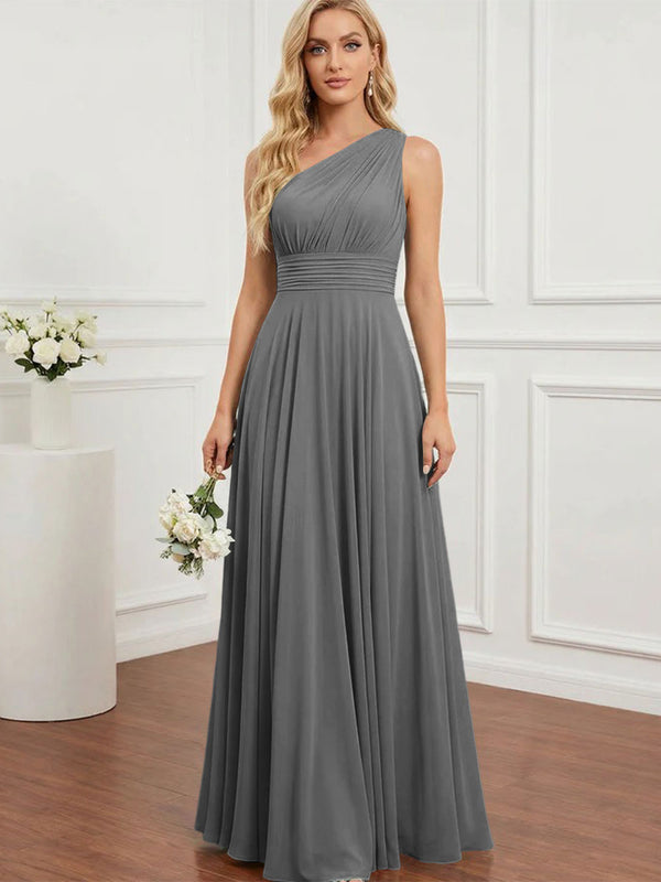 Chiffon One Shoulder Pleated Bridesmaid Dresses with Back Tie