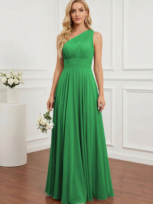 Chiffon One Shoulder Pleated Bridesmaid Dresses with Back Tie