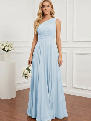 Chiffon One Shoulder Pleated Bridesmaid Dresses with Back Tie