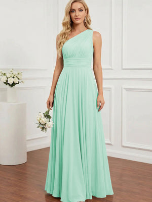 Chiffon One Shoulder Pleated Bridesmaid Dresses with Back Tie