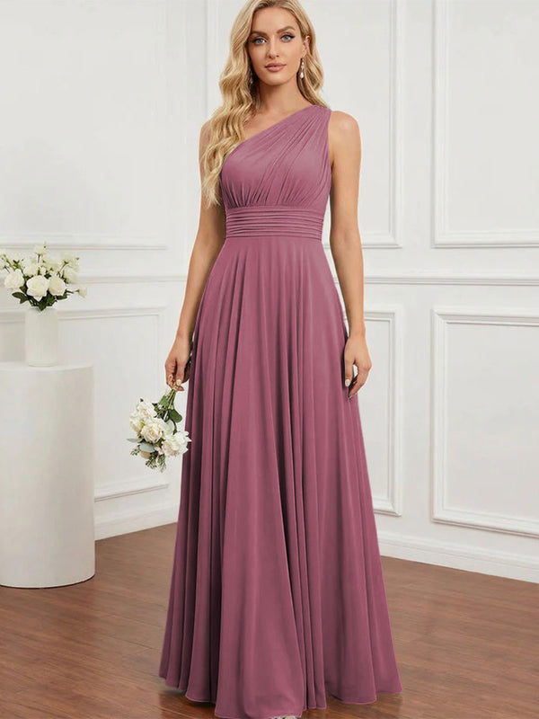 Chiffon One Shoulder Pleated Bridesmaid Dresses with Back Tie