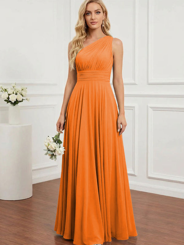 Chiffon One Shoulder Pleated Bridesmaid Dresses with Back Tie