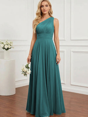 Chiffon One Shoulder Pleated Bridesmaid Dresses with Back Tie
