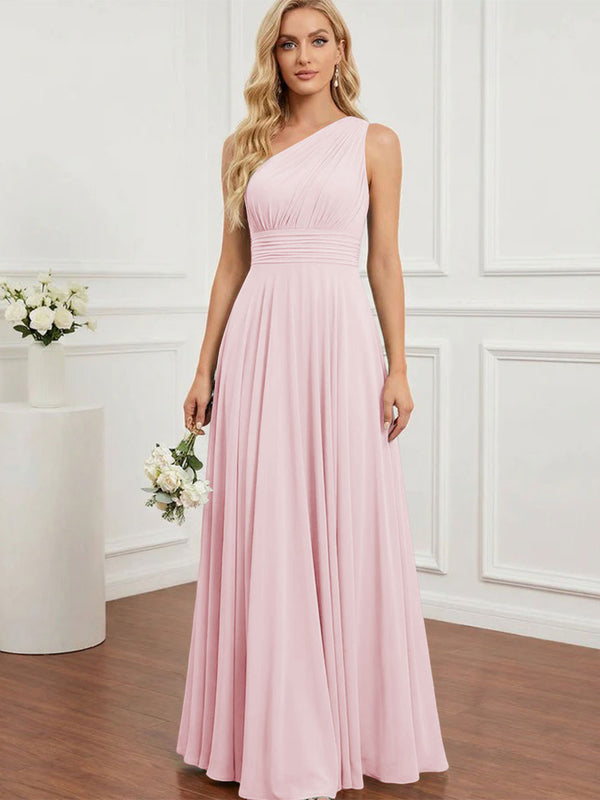 Chiffon One Shoulder Pleated Bridesmaid Dresses with Back Tie