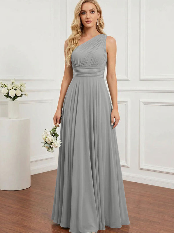 Chiffon One Shoulder Pleated Bridesmaid Dresses with Back Tie