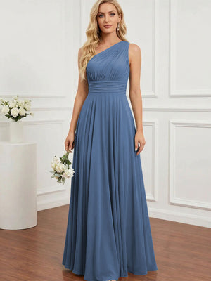 Chiffon One Shoulder Pleated Bridesmaid Dresses with Back Tie