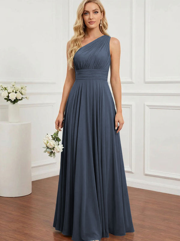 Chiffon One Shoulder Pleated Bridesmaid Dresses with Back Tie