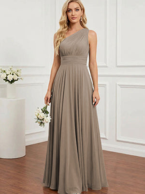 Chiffon One Shoulder Pleated Bridesmaid Dresses with Back Tie