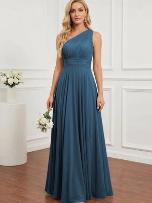 Chiffon One Shoulder Pleated Bridesmaid Dresses with Back Tie