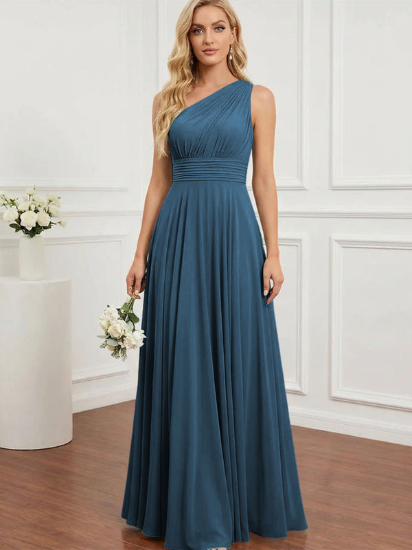 Chiffon One Shoulder Pleated Bridesmaid Dresses with Back Tie