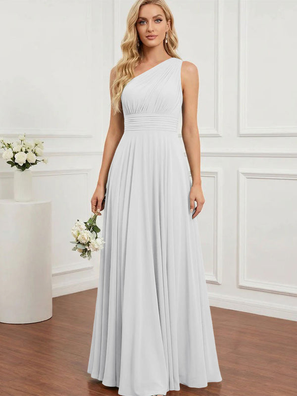 Chiffon One Shoulder Pleated Bridesmaid Dresses with Back Tie