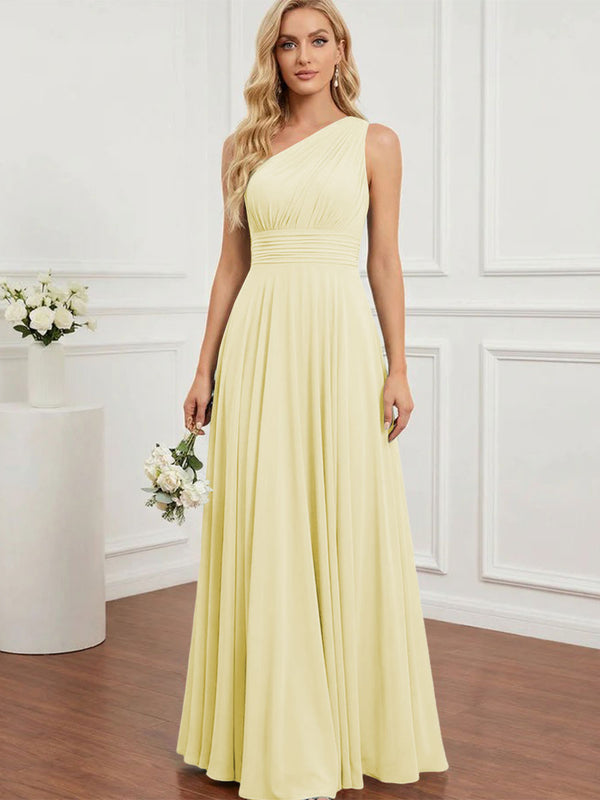 Chiffon One Shoulder Pleated Bridesmaid Dresses with Back Tie