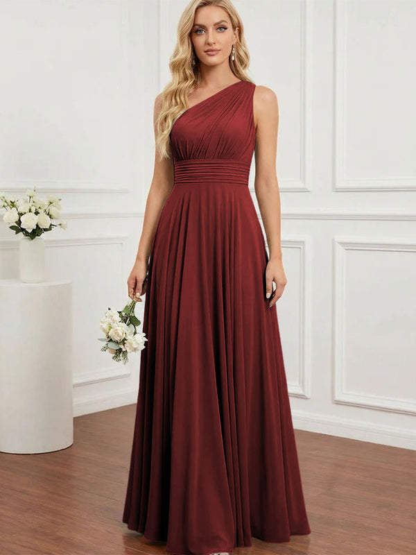 Chiffon One Shoulder Pleated Bridesmaid Dresses with Back Tie