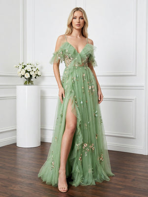 Tulle Ruffles Off Shoulder Prom Dresses Floral Spring Gowns