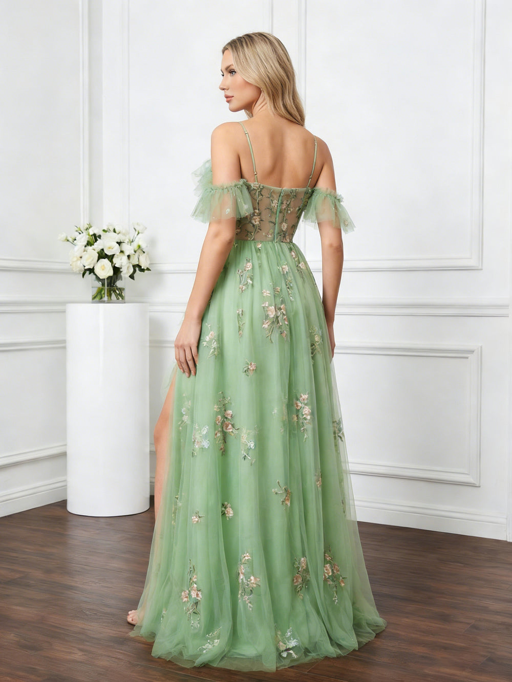 Tulle Ruffles Off Shoulder Prom Dresses Floral Spring Gowns