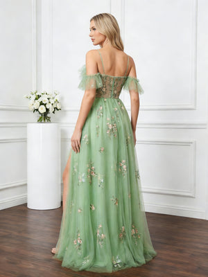 Tulle Ruffles Off Shoulder Prom Dresses Floral Spring Gowns