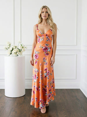 Satin Floral Spaghetti Straps Wedding Guest Dresses