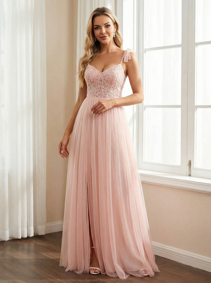 Tulle Sequin Formal Dresses A Line Evening Gowns with Slit
