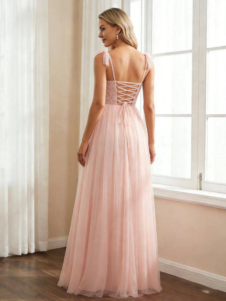 Tulle Sequin Formal Dresses A Line Evening Gowns with Slit