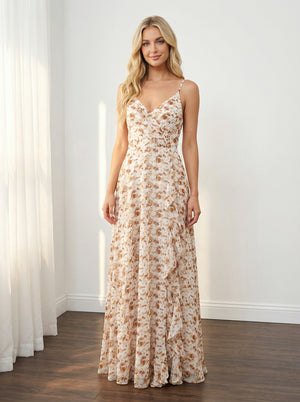Chiffon Floral A Line Maxi Wedding Guest Dresses with Ruffles