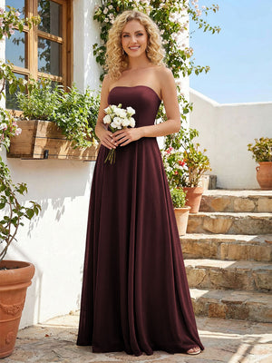 Chiffon Strapless A Line Long Bridesmaid Dresses with Back Tie