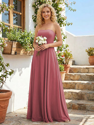 Chiffon Strapless A Line Long Bridesmaid Dresses with Back Tie
