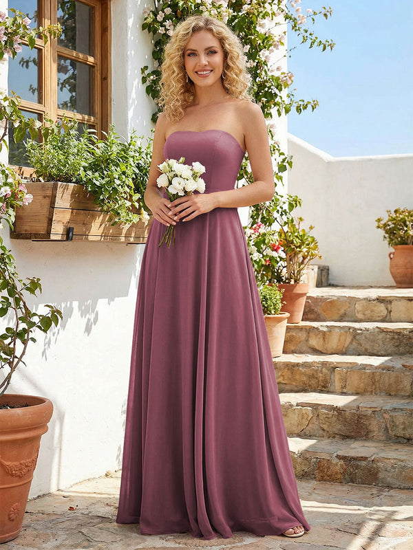 Chiffon Strapless A Line Long Bridesmaid Dresses with Back Tie