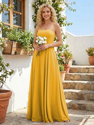 Chiffon Strapless A Line Long Bridesmaid Dresses with Back Tie