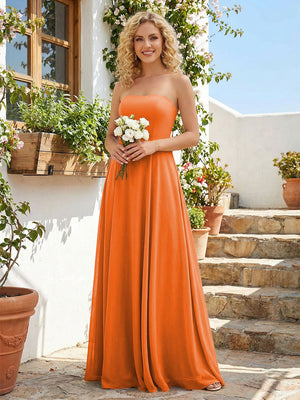 Chiffon Strapless A Line Long Bridesmaid Dresses with Back Tie