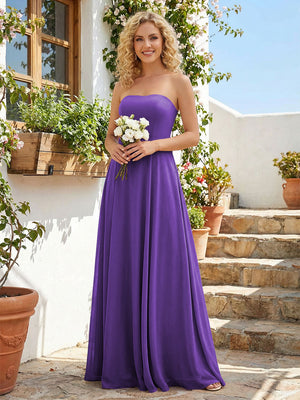 Chiffon Strapless A Line Long Bridesmaid Dresses with Back Tie